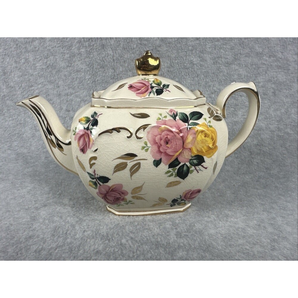 Vintage Sadler England #2897 Teapot Cubed Pink & Yellow Rose Floral Flowers